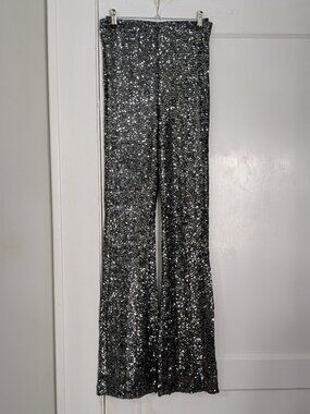 Gritty Soul Women's Small Silver Sequin High Rise Flare Pants Festival Glitter